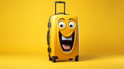 Fototapeta premium Excited yellow baggage running in an empty space, isolated on a complementary colors background, brings the joy of travel, generative ai