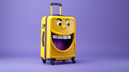 Fototapeta premium Excited yellow baggage running, isolated on a purple background, capturing the joy and anticipation of travel and adventure, generative ai