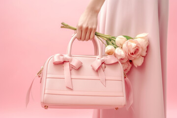 Aesthetic, spring and fashion idea with elegant women's handbag full of flowers. Soft pastel pink colors. Trendy festive composition for celebrations and weddings. Generative AI.
