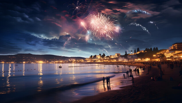 Amazing fireworks illuminating the night sky, viewed from the serene beauty of the beach. The bursts of vibrant colors against the dark backdrop create a mesmerizing display that fills the heart.