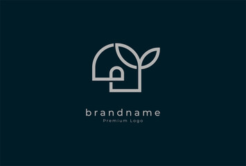 Green house Logo, minimalist house with leaf in line art logo style, vector illustration