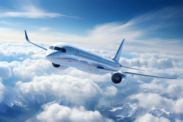 Obraz premium A plane traverses the blue sky, surrounded by clouds, beckoning to the allure of travel and vacation.
