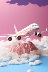 A pink airplane soars through the sky amidst fluffy clouds, symbolizing a dreamy vacation and the joy of travel.