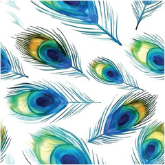 Obraz premium Beautiful pattern art illustration with colorful peacock feathers watercolor blue background.