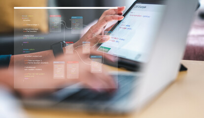 Concept programmer, Developer programming and coding technology, Hand Close up asianwoman using laptop and tablet artificial coding business data analytics programming.
