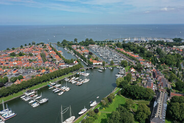 Drone overview photo of Medemblik, the Netherlands. This is a small town on the Ijsselmeer with many opportunities for water sports enthusiasts. There are also many old historic buildings