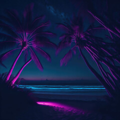 Fototapeta na wymiar Tropical Party Beach Scene With Neon Colors, Night, Summer Background, Generative Ai