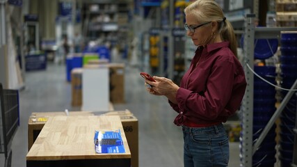Mature woman uses phone to take photo of workbench furniture while shopping in large hardware store...