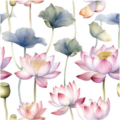 Water lili pattern watercolor in beautiful style on white background. Vintage botanical summer texture. Vector illustration design. Abstract art textile print design.