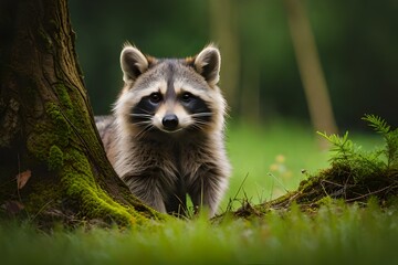 raccoon in the forest with green field - obrazy, fototapety, plakaty