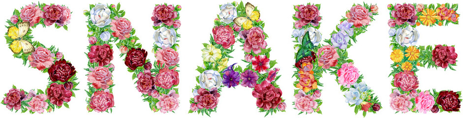 Word SNAKE of watercolor peony flowers and butterflies