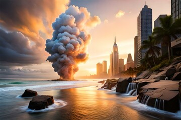 Blast over a city during sunset, ai generated