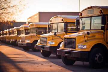 yellow school buses stop at the school and waiting children - obrazy, fototapety, plakaty
