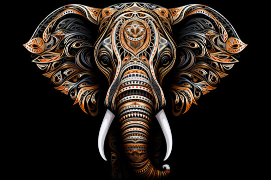 portrait illustration of a elephant super detailed style against black background