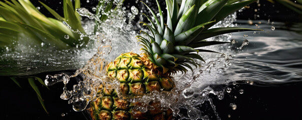 Photo of pineapple in splashing water. Black background. Generative AI
