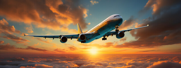 The sun sets on a plane as it soars through the colorful sky, essence of travel and vacation. It represents the adventure that takes us to new destinations. AI Generated