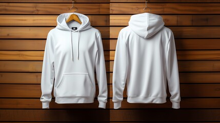 white hoodie template. Front and back view. Hoodie sweatshirt long sleeve with hoody for design mockup for print, isolated on pastel background - obrazy, fototapety, plakaty