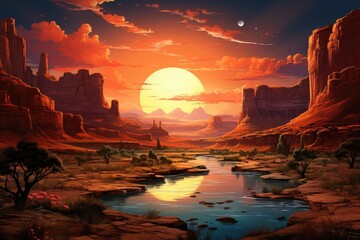 The background showcases a fiery canyon, silhouette mountains, and setting sun. (Illustration, Generative AI)