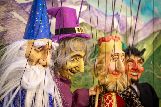Artisan Marionette Strings Set after Puppet Theatre Show. Wizard, Witch, King and Vampire Characters of Medieval Fairy Tale