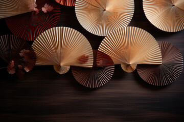 Oriental Paper Fans On Brown Table Minimal Asian Style. Generative AI