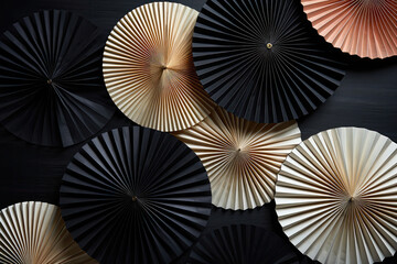 Oriental Paper Fans On Black Table Minimal Asian Style. Generative AI