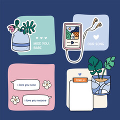 Set of romantic doodle stickers for social media, planning, stationary and graphic design
