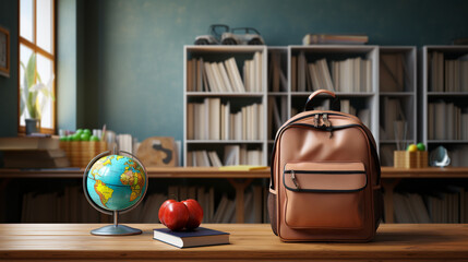 School backpack on bookshelf in classroom. Back to school concept