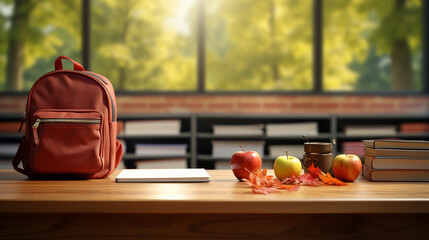 Fototapeta na wymiar School backpack on bookshelf in classroom. Back to school concept