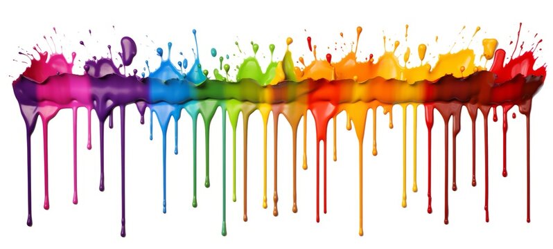 Colorful rainbow color acrylic paint flowing down over white background, dripping colorful liquid. Digital art (Generative Ai)