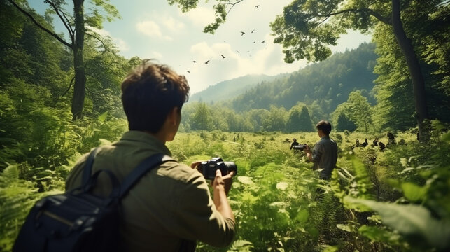 Photographer taking pictures of nature. Man with a camera in the forest. concept of world photography day