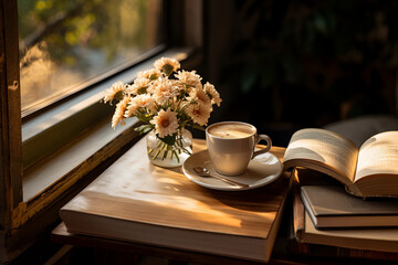 Moment pour lire à un livre avec un café et des fleurs à côté sur une table dans une maison de campagne. - obrazy, fototapety, plakaty