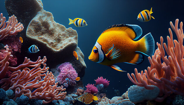 Tropical sea underwater fishes on coral reef. Aquarium oceanarium wildlife colorful marine panorama landscape nature snorkel diving.  Colorful underwater world background coral reef Ai generated image
