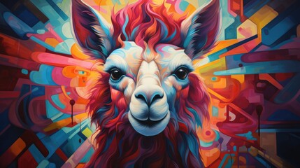 Colorful alpaca head with colorful background