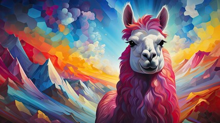Colorful alpaca head with colorful background