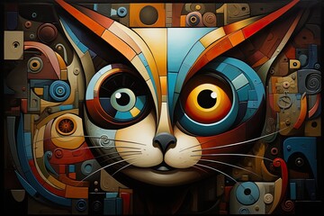 Abstract colorful cat portrait painting.  