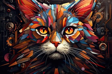 Abstract colorful cat portrait painting.  