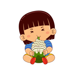 cute girl kids eating matcha ice cream float