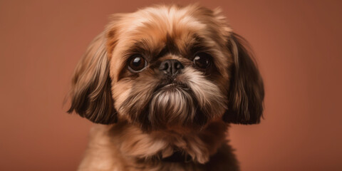 A studio portrait of a cute Dog that loves the camera, with a soft color background. AI Generated.