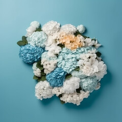 Cloud of white and blue flowers on a blue background, beautiful floral natural wallpaper, generative ai