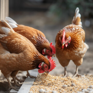 chickens peck feed, grain, close up, chicken farm, poultry farming, generative ai