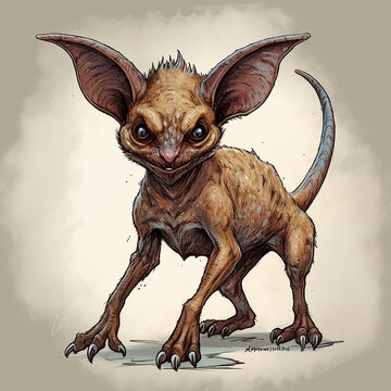 Chupacabra, scary fantastic mystical creature, close-up, with big ears and long claws, baby gargoyle, generative ai