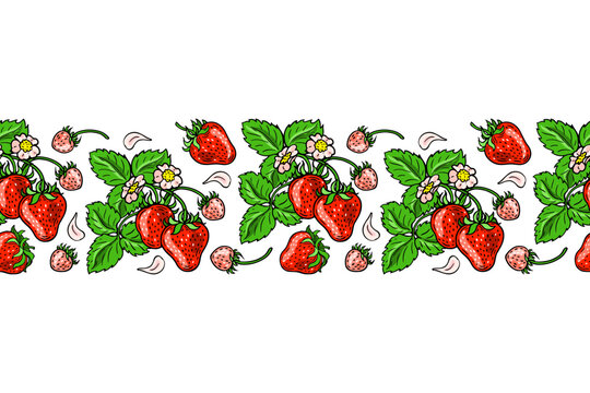 Red strawberries, pink flowers and green leaves. Seamless pattern. Banner with color berries. Hand-drawn flat image. Vector illustration on a white background.