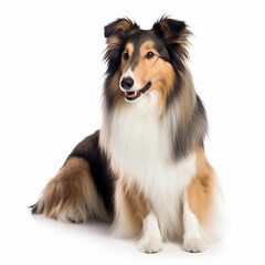 Collie breed dog, cute fluffy dog , close-up portrait, isolated on white, good friend, companion, pet, generative ai