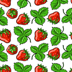 Red strawberries and green leaves. Seamless pattern. Banner with color berries. Hand-drawn flat image. Vector illustration on a white background.