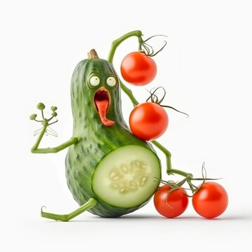 Funny cucumber dancing with a tomato on a white background, funny vegetables, cartoon style, for advertising and packaging design, generative ai