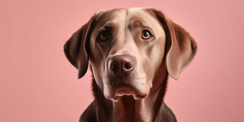 A beautiful Dog enjoys a studio session with a light-colored background. AI Generated.