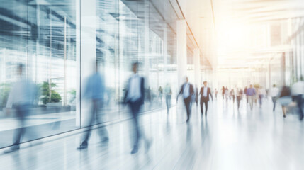 motion blur image of business people crowd walking at corporate office in city downtown, blurred background, business center concept, Generative AI