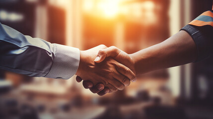 engineer and technician contractor shaking hand after business meeting to greeting start up project contract in construction site building, successful, partnership, teamwork concept, Generative AI