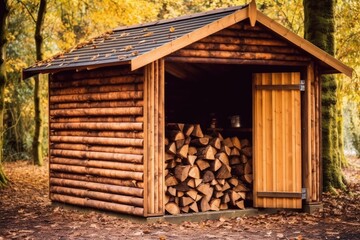 Rustic Log Cabin Woodshed with Autumnal Forest Backdrop