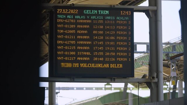 4K footage of information display panel at train station. Departure and arrival times of train services on digital billboard stock video.